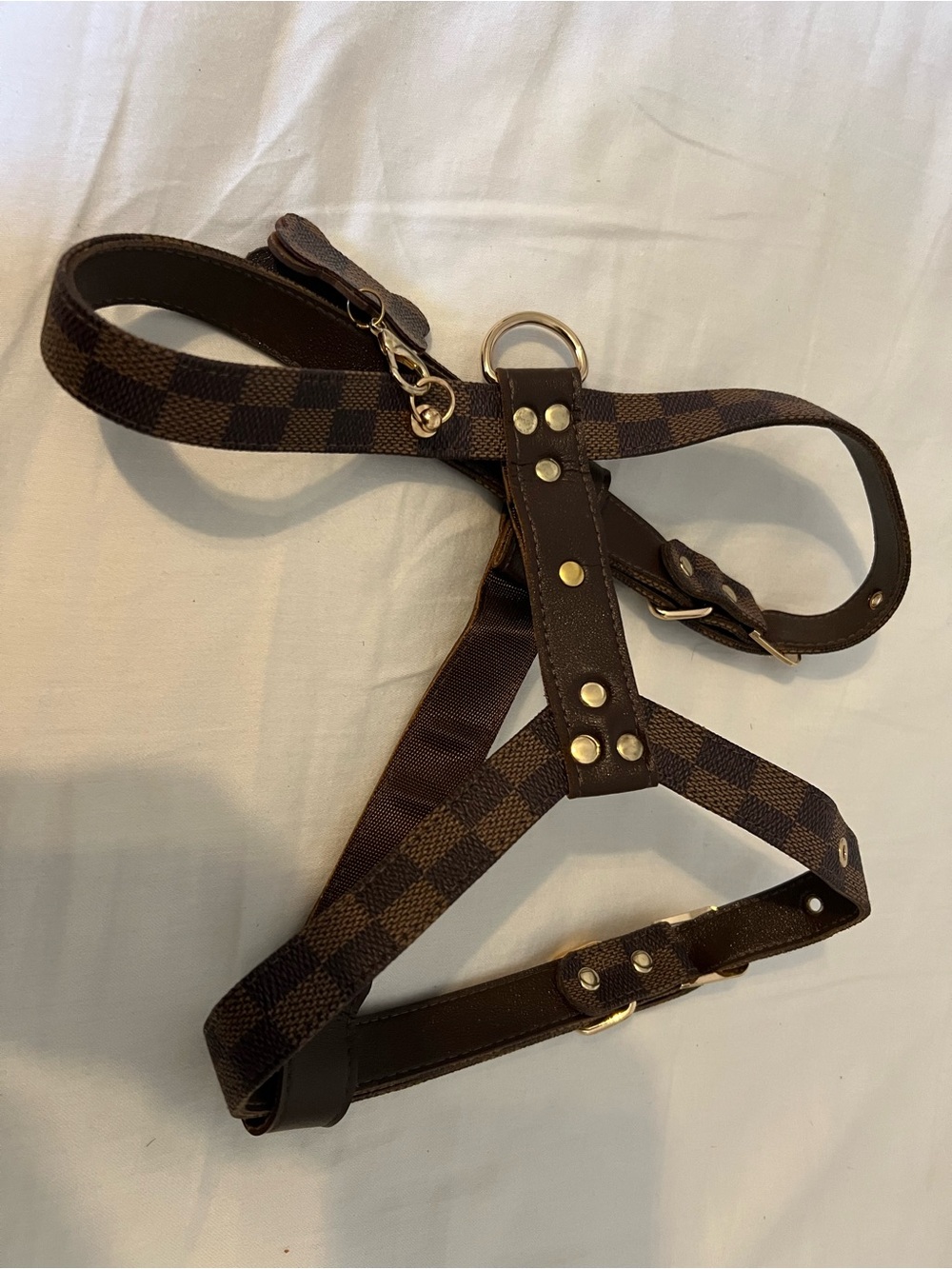 Louis Vuitton Brown Checkered Dog Harness with Gold-Tone Hardware